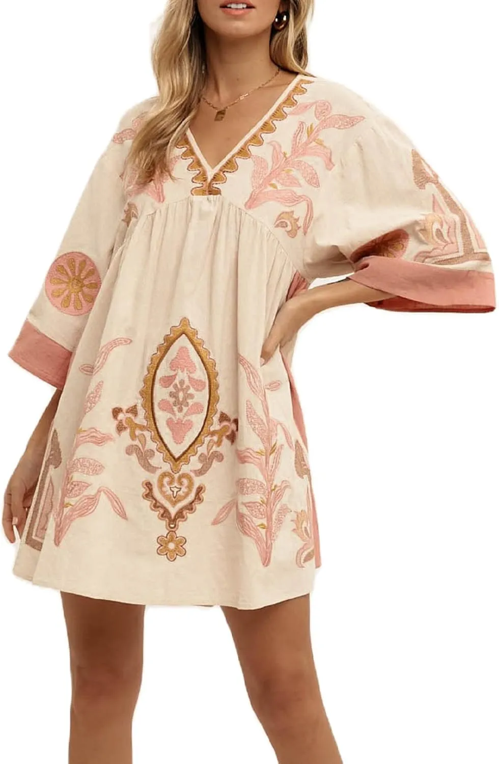 Women Bohemian Floral Mini Dress V Neck Flare Sleeve Sundress Loose Fit Flowy Beach Dress Summer Holiday Dress