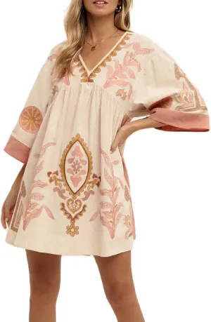 Women Bohemian Floral Mini Dress V Neck Flare Sleeve Sundress Loose Fit Flowy Beach Dress Summer Holiday Dress