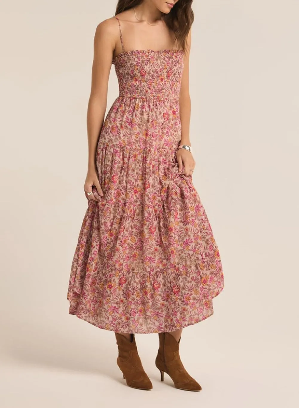 Women Boho Floral Long Cami Dress Spaghetti Strap Cut Out Maxi Dress Backless Tiered Flowy Summer Beach Dresse
