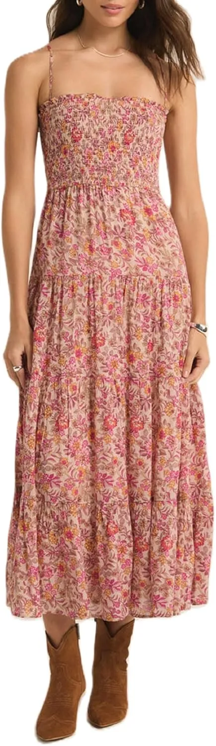 Women Boho Floral Long Cami Dress Spaghetti Strap Cut Out Maxi Dress Backless Tiered Flowy Summer Beach Dresse