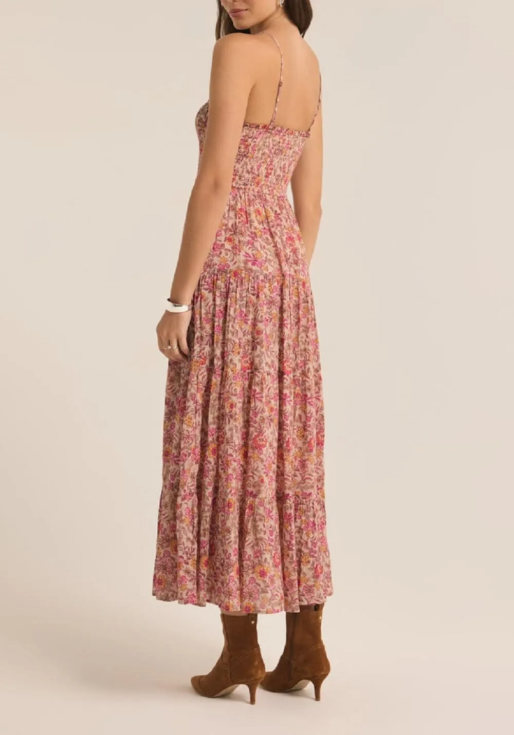 Women Boho Floral Long Cami Dress Spaghetti Strap Cut Out Maxi Dress Backless Tiered Flowy Summer Beach Dresse