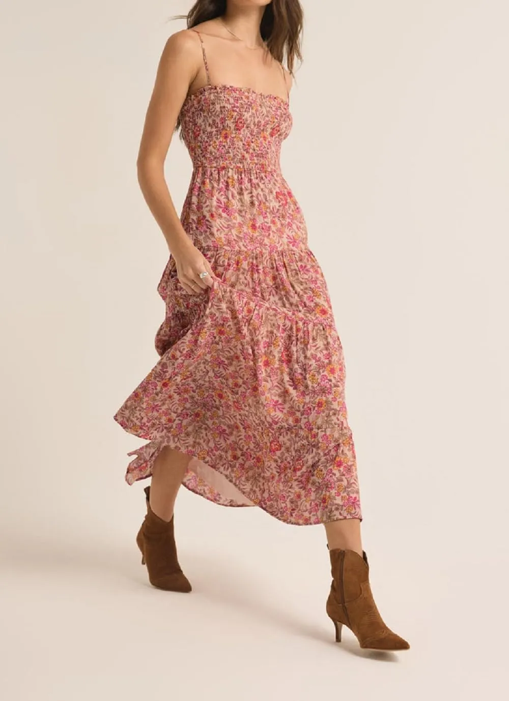 Women Boho Floral Long Cami Dress Spaghetti Strap Cut Out Maxi Dress Backless Tiered Flowy Summer Beach Dresse