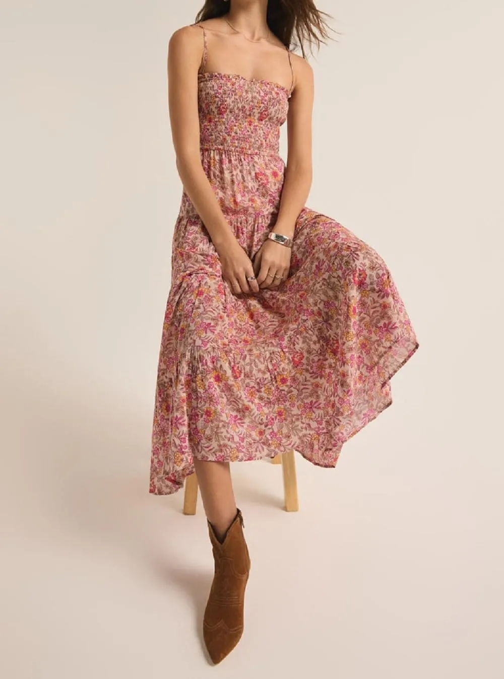 Women Boho Floral Long Cami Dress Spaghetti Strap Cut Out Maxi Dress Backless Tiered Flowy Summer Beach Dresse