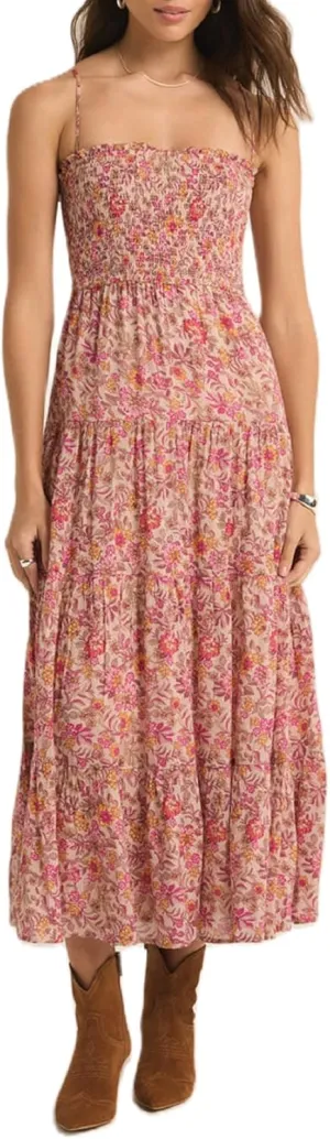 Women Boho Floral Long Cami Dress Spaghetti Strap Cut Out Maxi Dress Backless Tiered Flowy Summer Beach Dresse