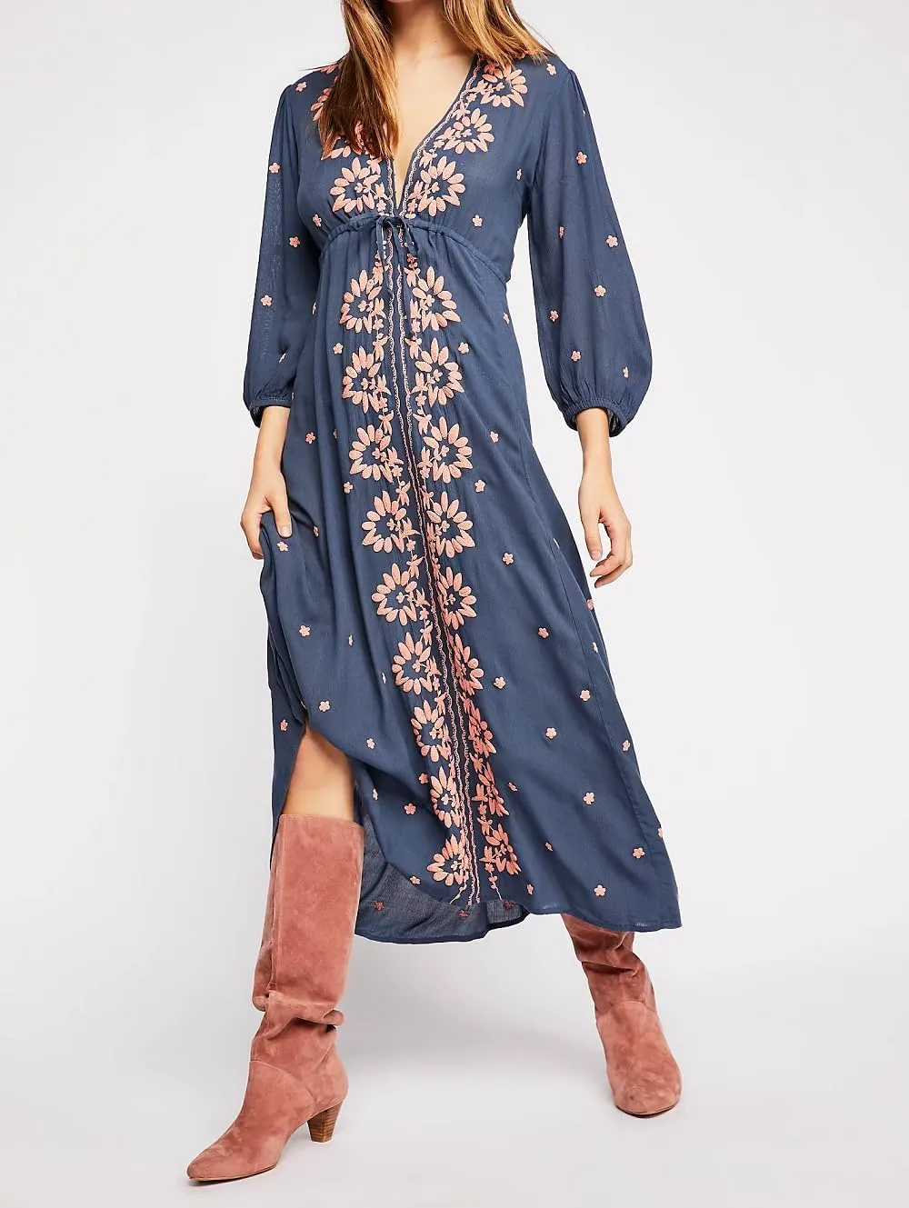 Women Boho Floral Maxi Dress Puff Sleeve V Neck Long Dress Bohemian Flowy Tiered Dress Loose Fit Shirt Dress