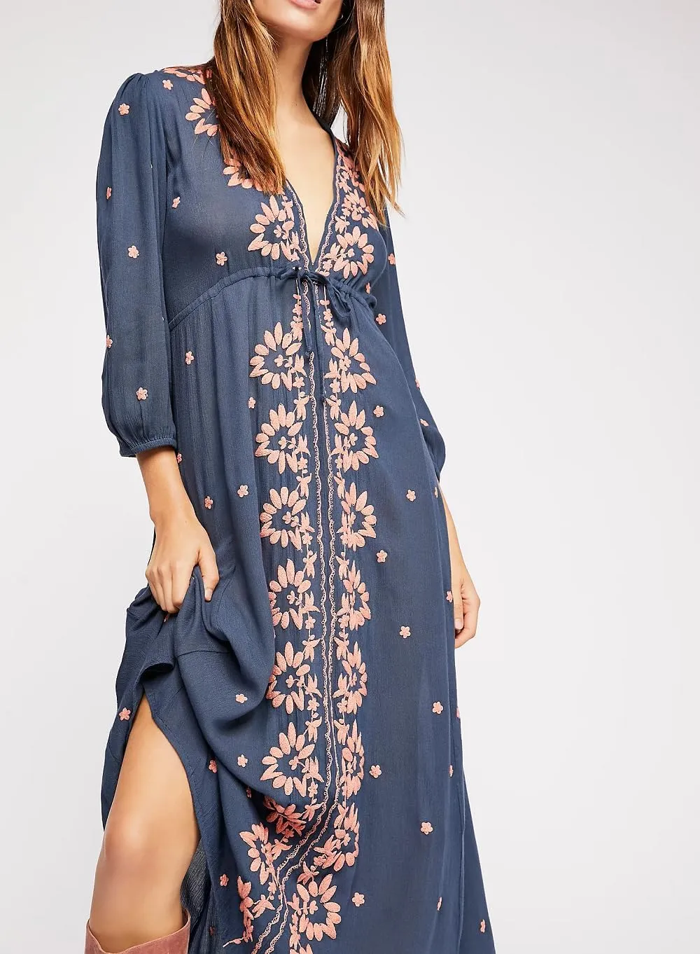 Women Boho Floral Maxi Dress Puff Sleeve V Neck Long Dress Bohemian Flowy Tiered Dress Loose Fit Shirt Dress