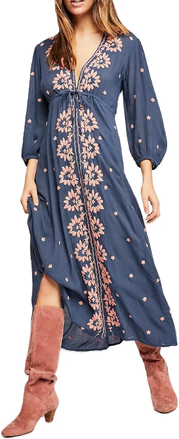 Women Boho Floral Maxi Dress Puff Sleeve V Neck Long Dress Bohemian Flowy Tiered Dress Loose Fit Shirt Dress