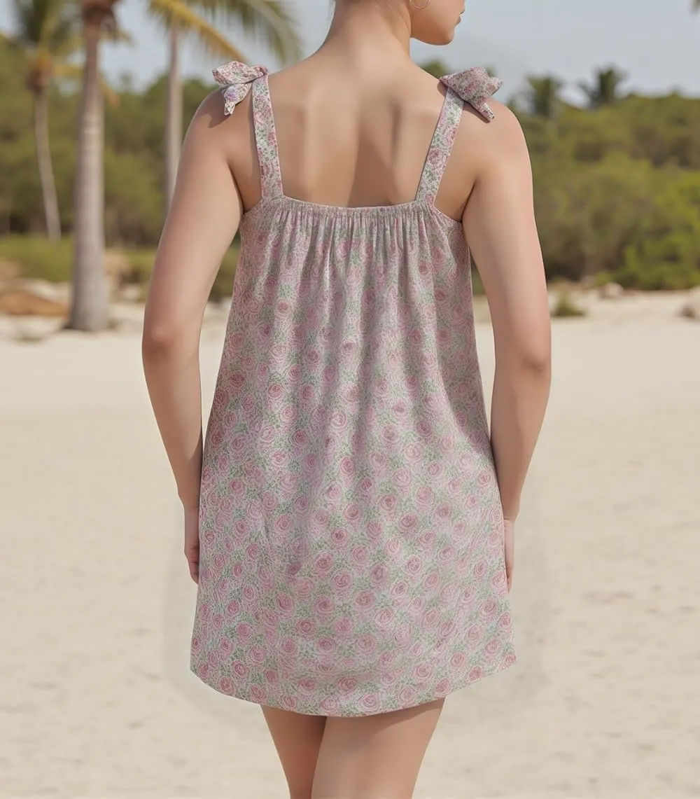 Women Boho Floral Mini Dress Tie Shoulder Babydoll Dress Square Neck Flowy Sundress Summer Going Out Dresses
