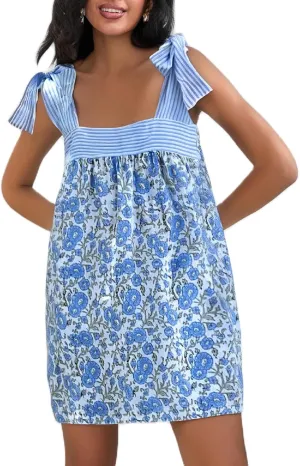 Women Boho Floral Mini Dress Tie Shoulder Babydoll Dress Square Neck Flowy Sundress Summer Going Out Dresses