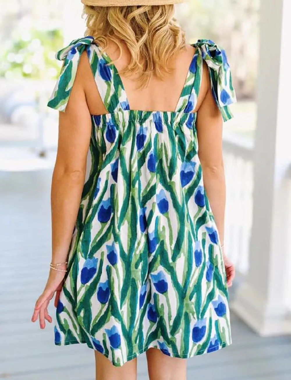 Women Boho Floral Mini Dress Tie Shoulder Babydoll Dress Square Neck Flowy Sundress Summer Going Out Dresses