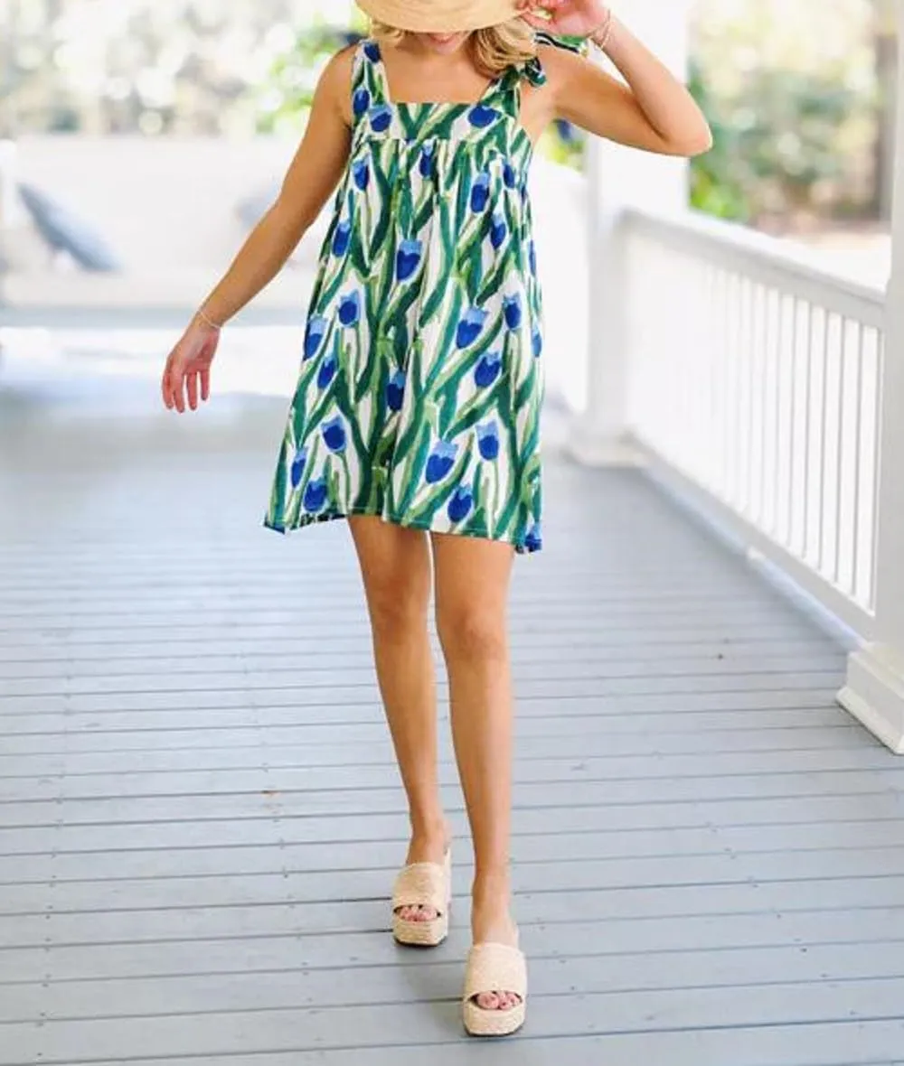Women Boho Floral Mini Dress Tie Shoulder Babydoll Dress Square Neck Flowy Sundress Summer Going Out Dresses