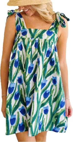 Women Boho Floral Mini Dress Tie Shoulder Babydoll Dress Square Neck Flowy Sundress Summer Going Out Dresses