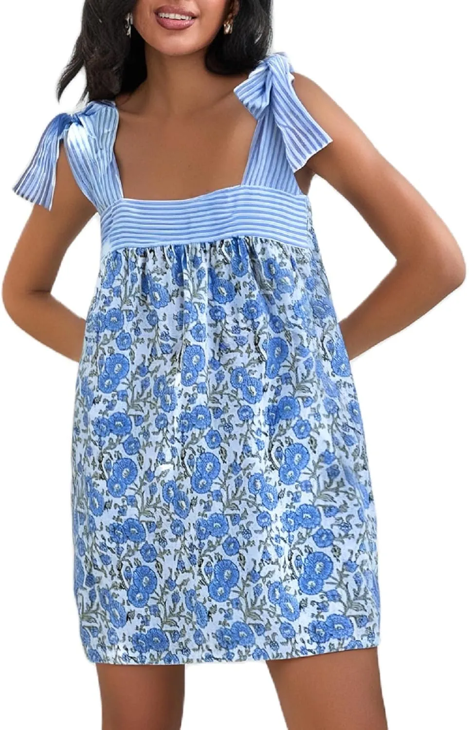 Women Boho Floral Mini Dress Tie Shoulder Babydoll Dress Square Neck Flowy Sundress Summer Going Out Dresses