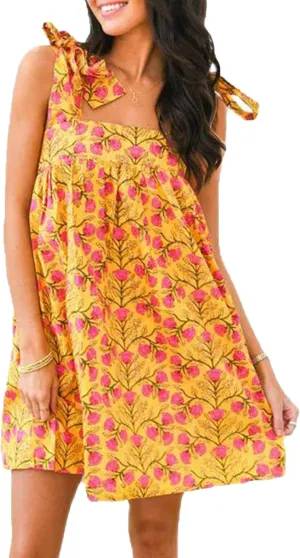 Women Boho Floral Mini Dress Tie Shoulder Babydoll Dress Square Neck Flowy Sundress Summer Going Out Dresses