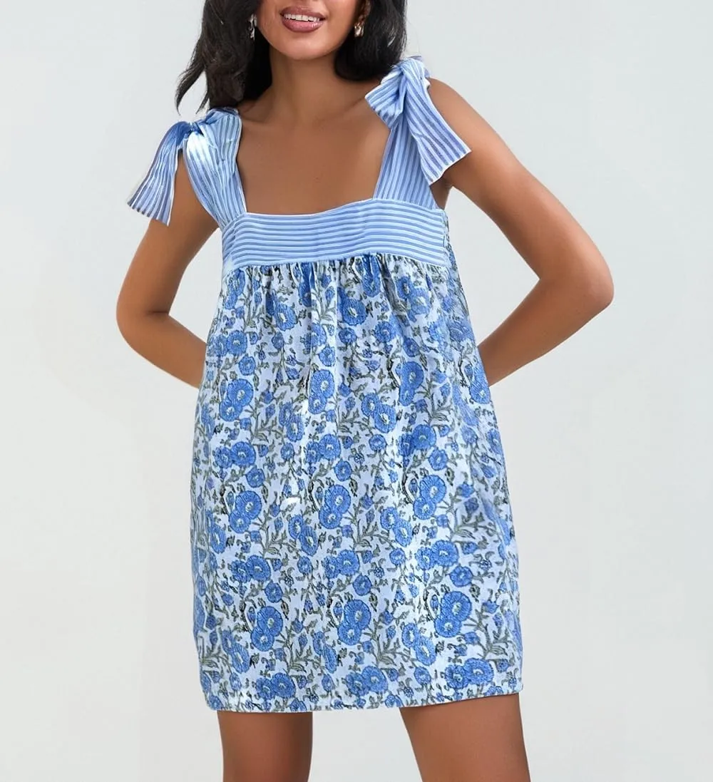 Women Boho Floral Mini Dress Tie Shoulder Babydoll Dress Square Neck Flowy Sundress Summer Going Out Dresses