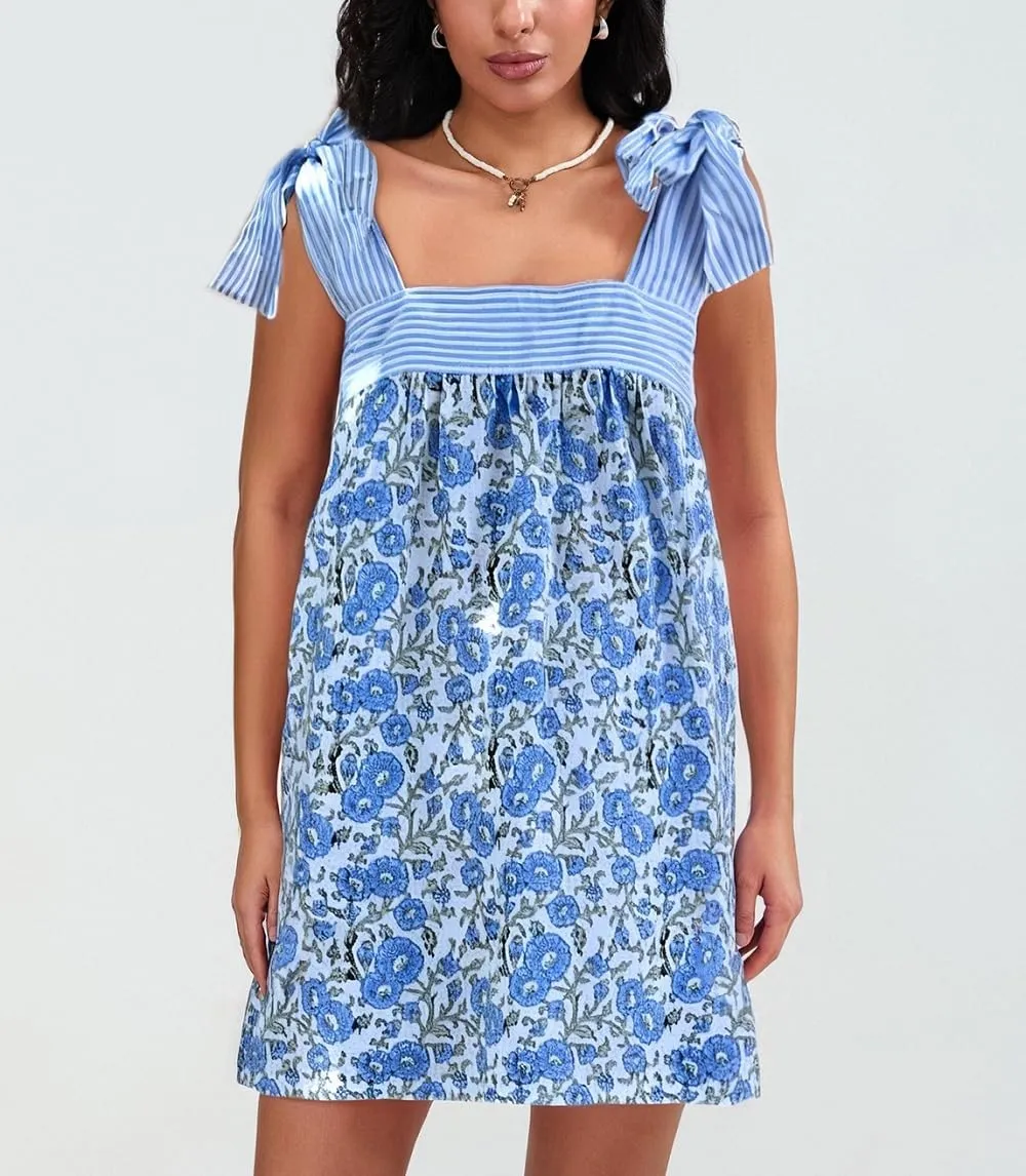 Women Boho Floral Mini Dress Tie Shoulder Babydoll Dress Square Neck Flowy Sundress Summer Going Out Dresses