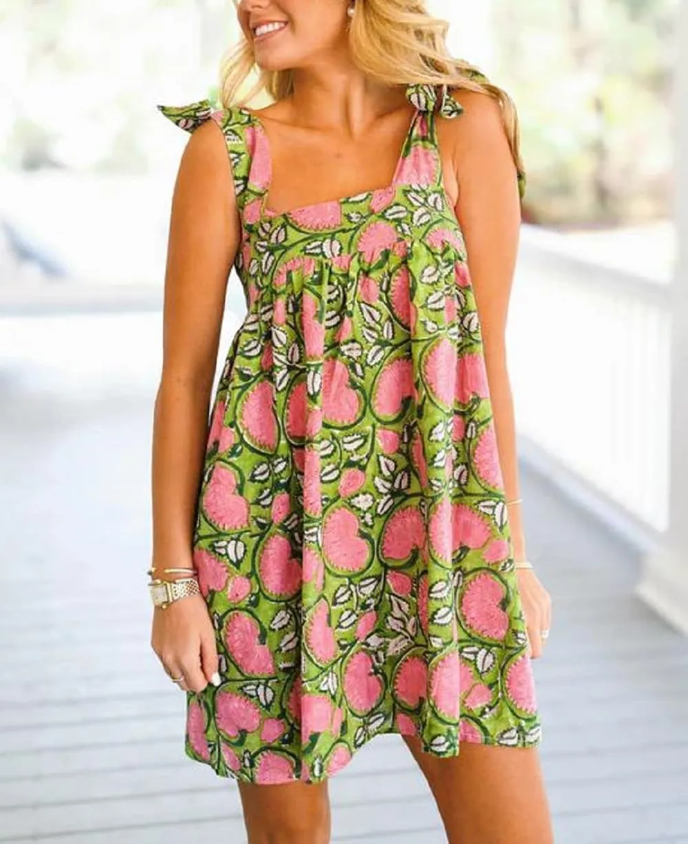 Women Boho Floral Mini Dress Tie Shoulder Babydoll Dress Square Neck Flowy Sundress Summer Going Out Dresses