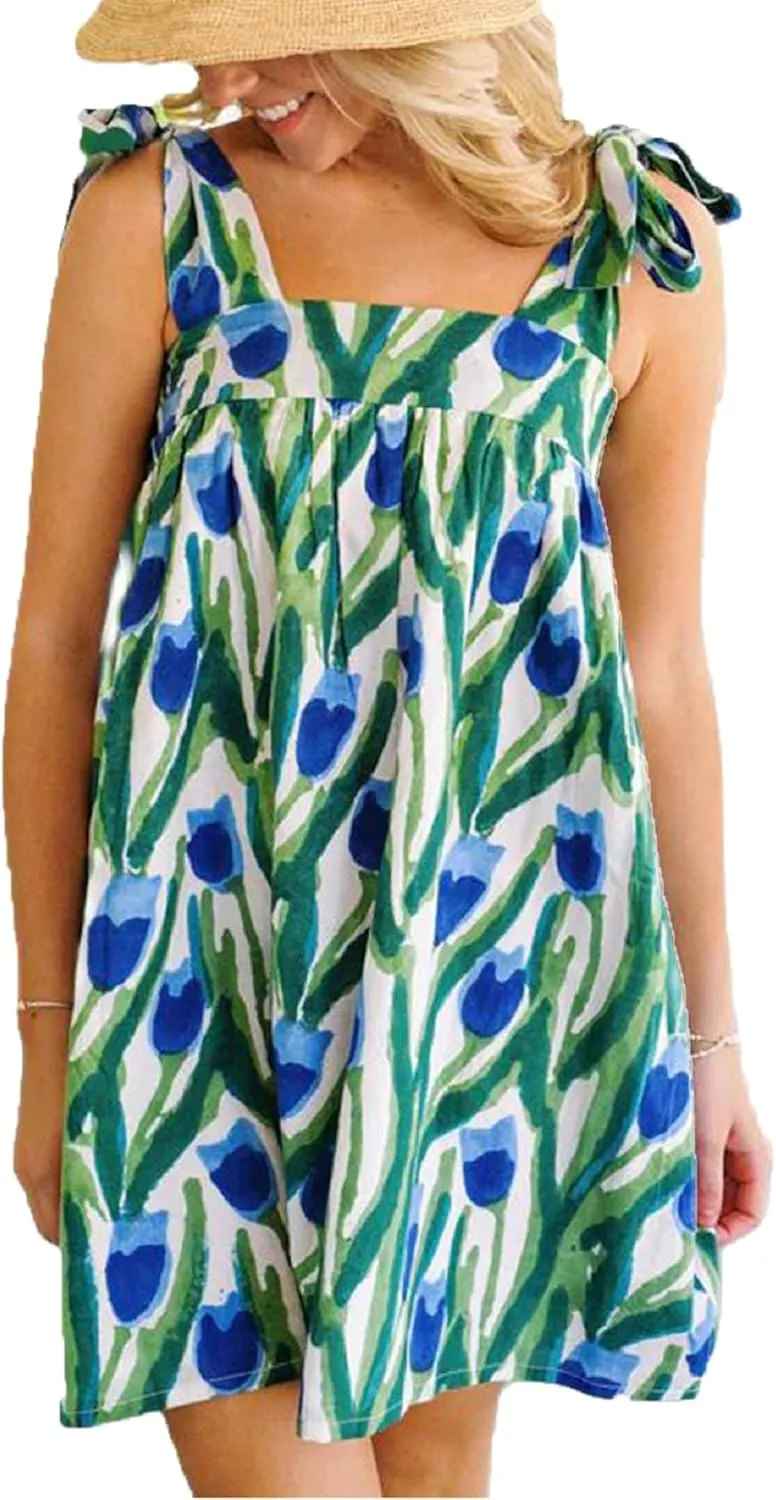 Women Boho Floral Mini Dress Tie Shoulder Babydoll Dress Square Neck Flowy Sundress Summer Going Out Dresses