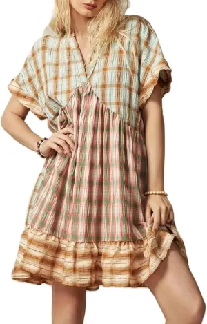 Women Boho Floral Mini Dress V Neck Short Sleeve Flowy Sundress Graphic Babydoll Dress Summer Beach Dress