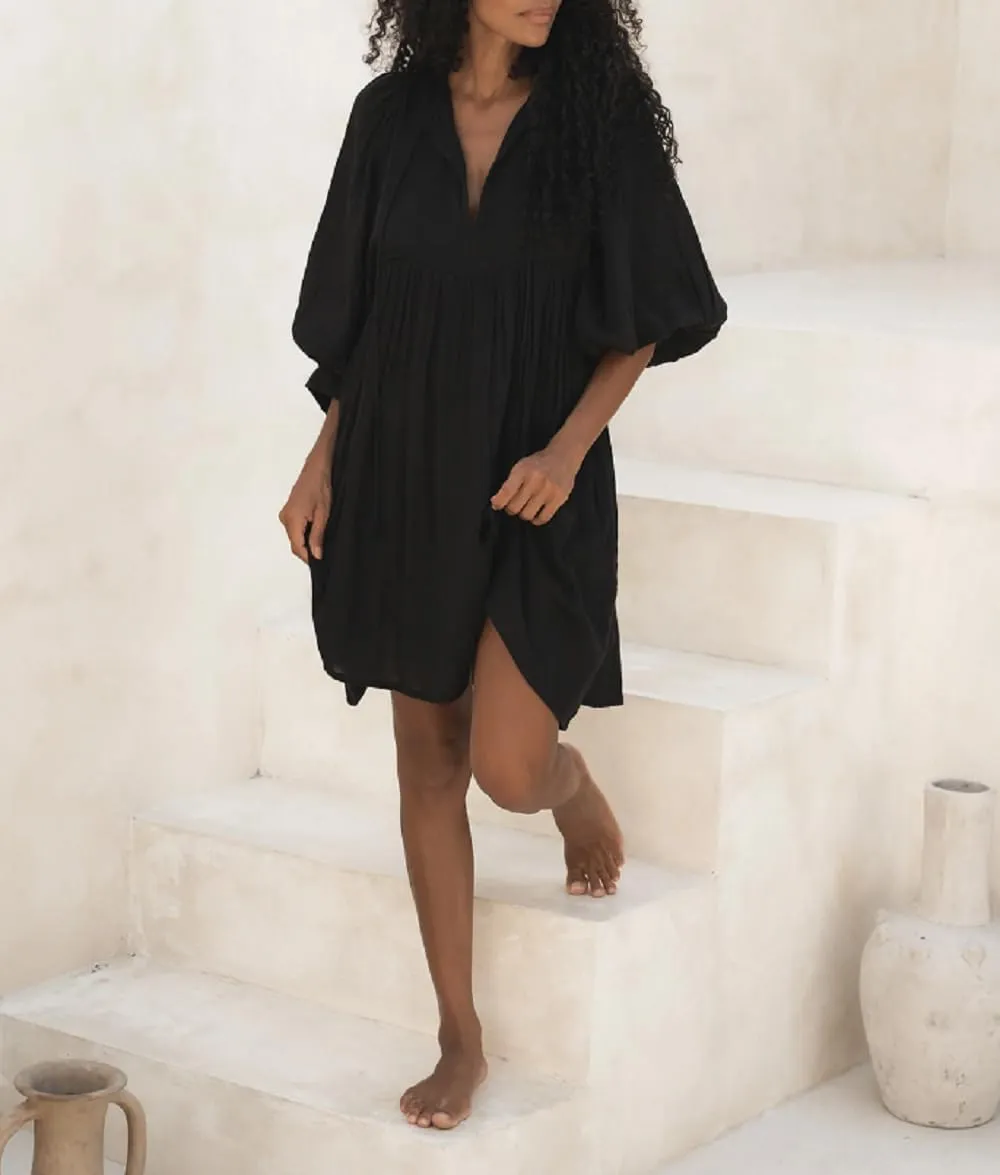 Women Boho Puff Sleeve Short Dress Floral Flowy Babydoll Dress V Neck Loose Fit A Line Dress Bohemian Mini Sundress