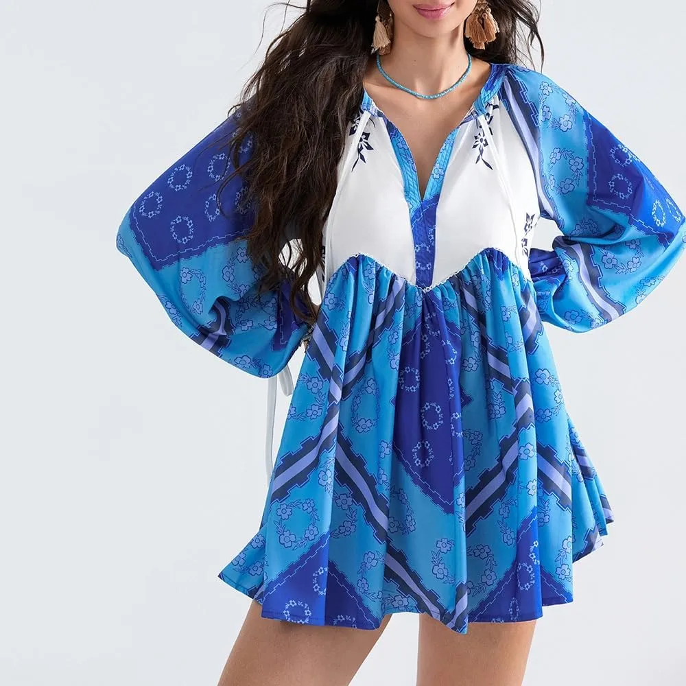 Women Boho Puff Sleeve Short Dress Floral V Neck Babydoll Dress Flowy Loose Fit Shirt Dress Bohemian Mini Sundress