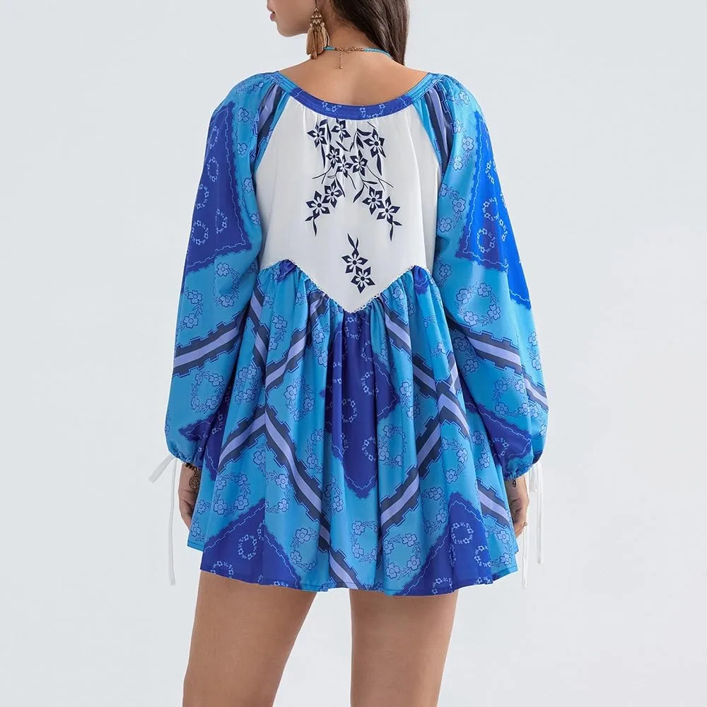 Women Boho Puff Sleeve Short Dress Floral V Neck Babydoll Dress Flowy Loose Fit Shirt Dress Bohemian Mini Sundress