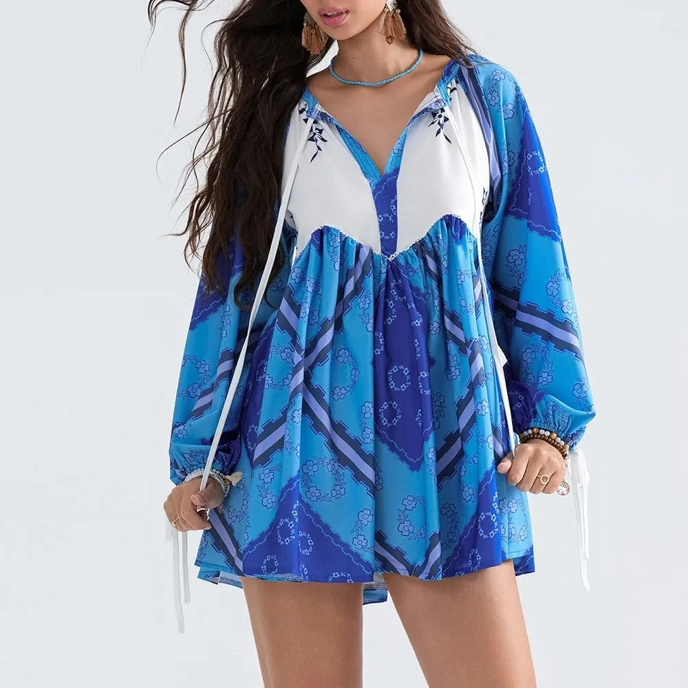 Women Boho Puff Sleeve Short Dress Floral V Neck Babydoll Dress Flowy Loose Fit Shirt Dress Bohemian Mini Sundress