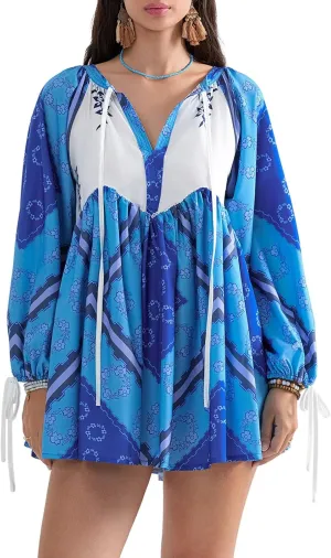 Women Boho Puff Sleeve Short Dress Floral V Neck Babydoll Dress Flowy Loose Fit Shirt Dress Bohemian Mini Sundress