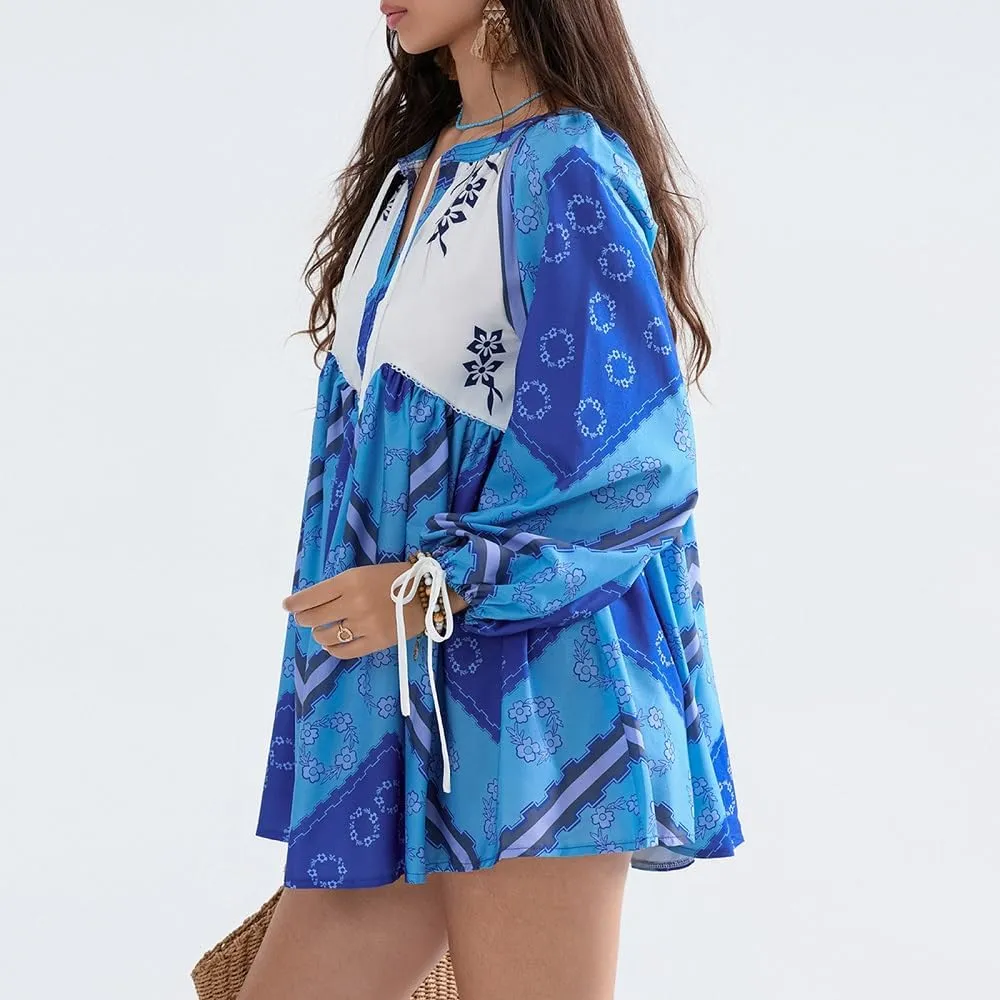 Women Boho Puff Sleeve Short Dress Floral V Neck Babydoll Dress Flowy Loose Fit Shirt Dress Bohemian Mini Sundress