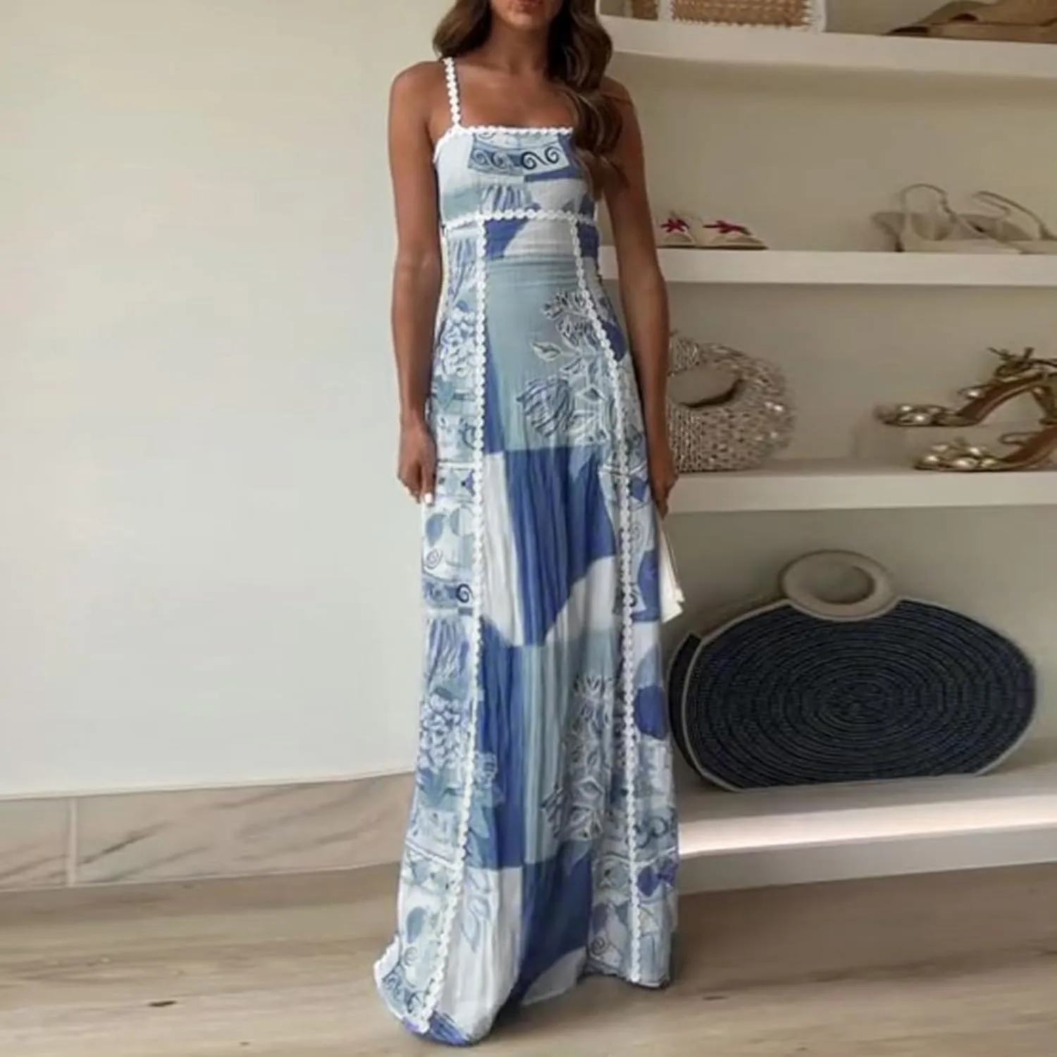 Women Cute Print Maxi Cami Dress Loose Sleeveless Spaghetti Strap Boho Dress Flowy Graffiti Long Aline Sun Dress