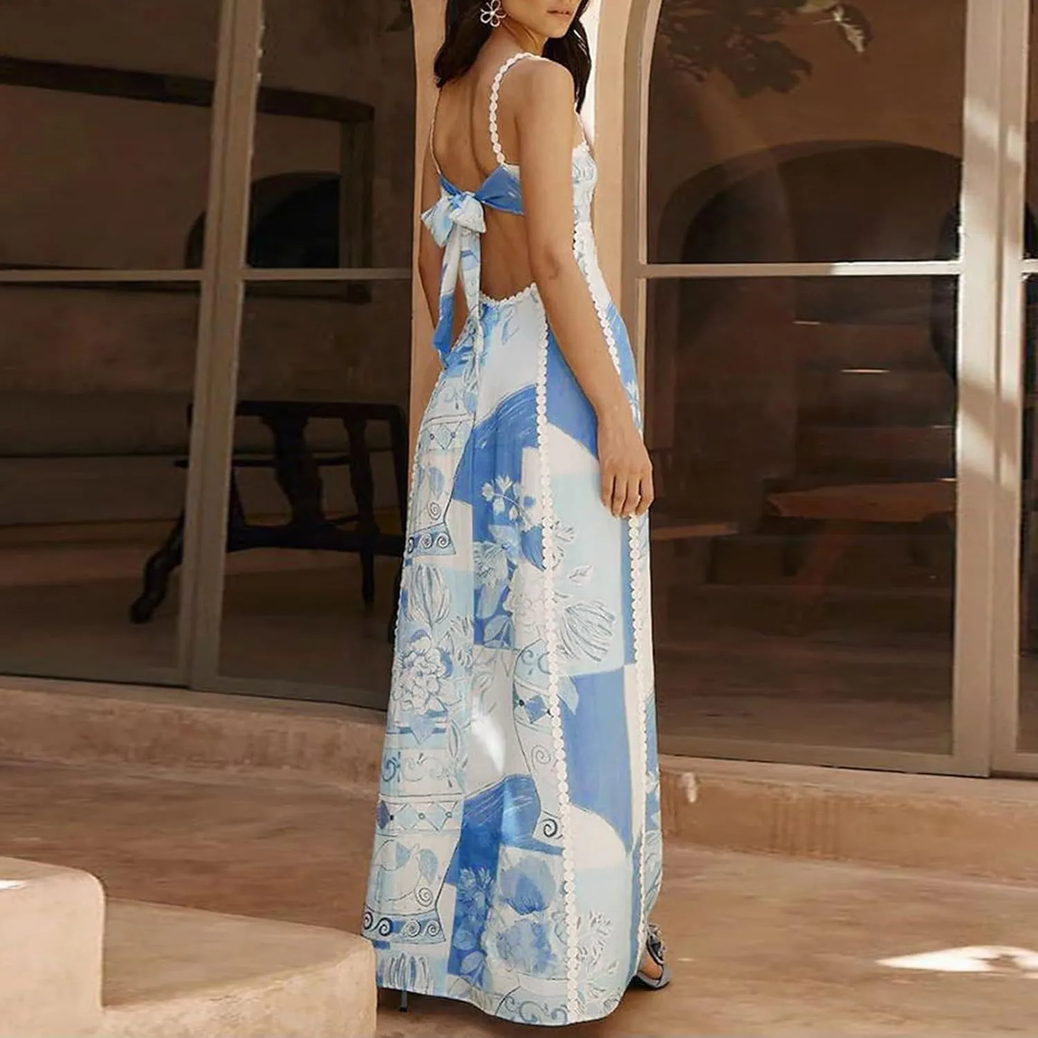 Women Cute Print Maxi Cami Dress Loose Sleeveless Spaghetti Strap Boho Dress Flowy Graffiti Long Aline Sun Dress