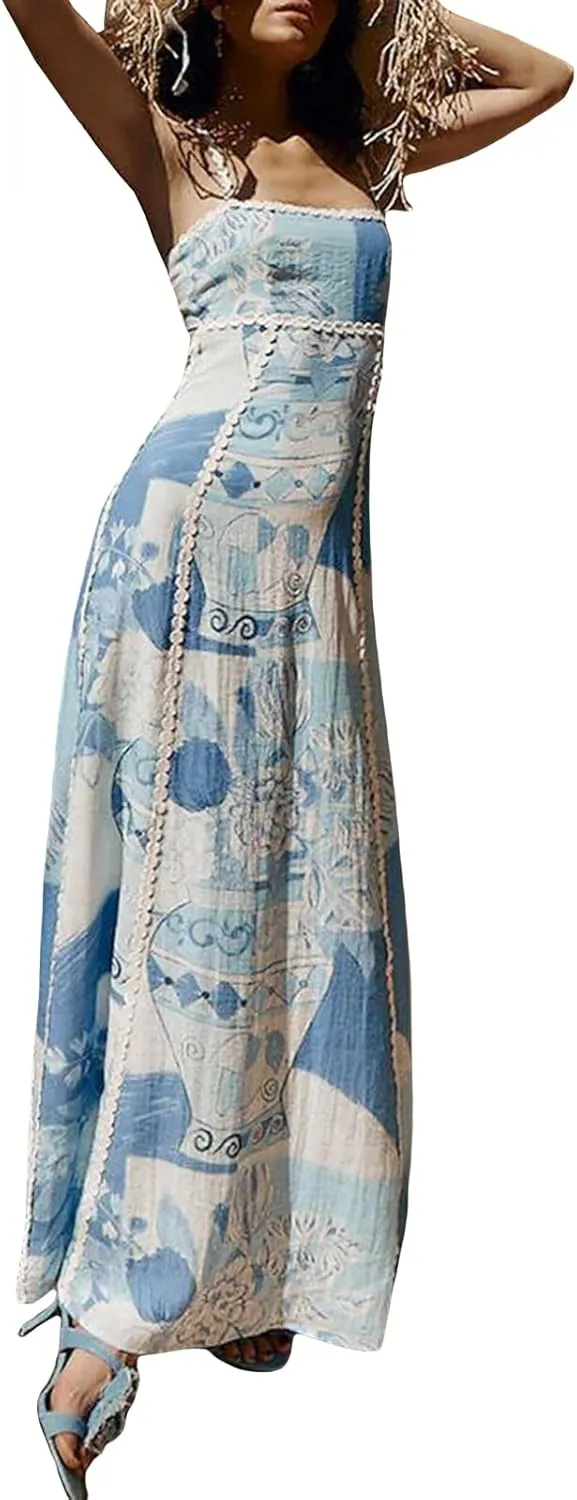 Women Cute Print Maxi Cami Dress Loose Sleeveless Spaghetti Strap Boho Dress Flowy Graffiti Long Aline Sun Dress