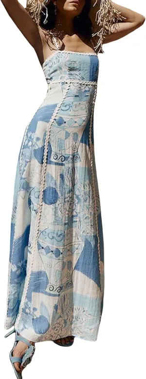 Women Cute Print Maxi Cami Dress Loose Sleeveless Spaghetti Strap Boho Dress Flowy Graffiti Long Aline Sun Dress