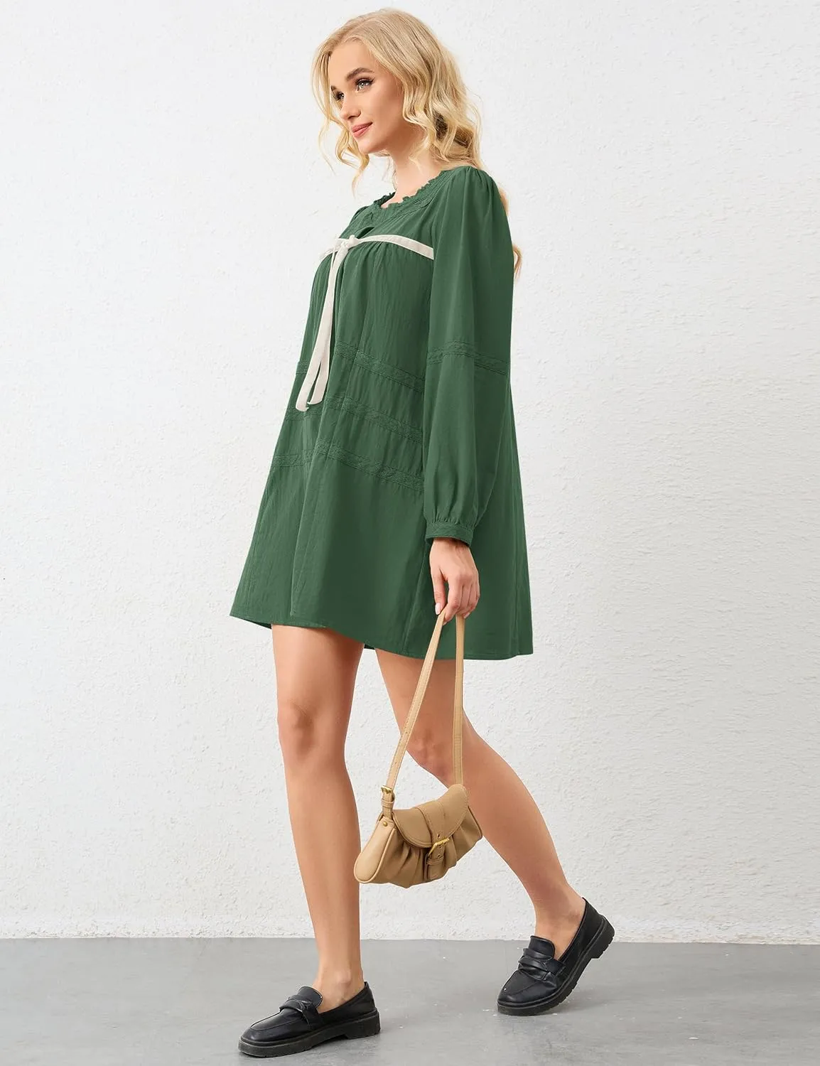 Women Flowy Long Puff Sleeve Mini Dress Casual Square Neck Lace Embroidered Babydoll Dress Bow Tie A-line Tunic Dress