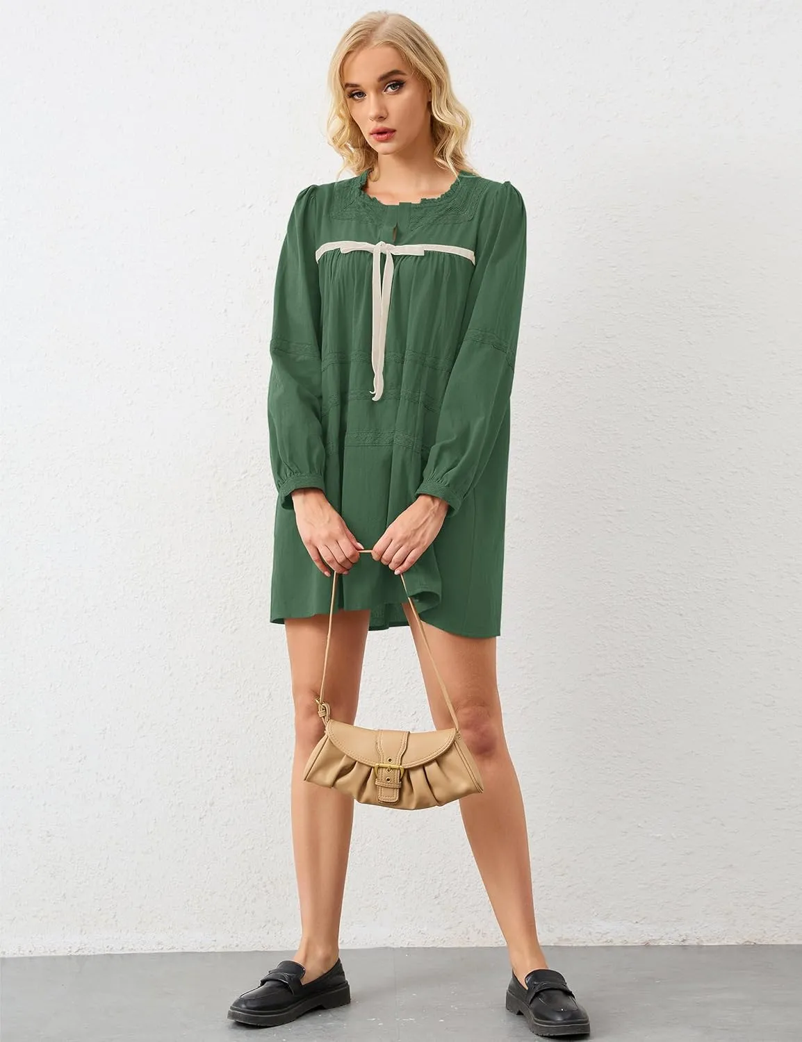 Women Flowy Long Puff Sleeve Mini Dress Casual Square Neck Lace Embroidered Babydoll Dress Bow Tie A-line Tunic Dress