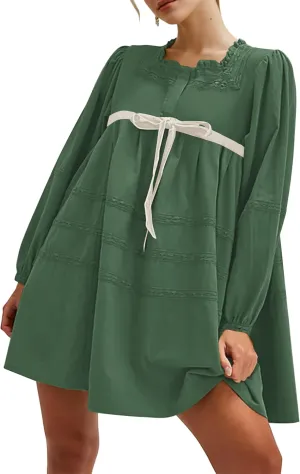 Women Flowy Long Puff Sleeve Mini Dress Casual Square Neck Lace Embroidered Babydoll Dress Bow Tie A-line Tunic Dress