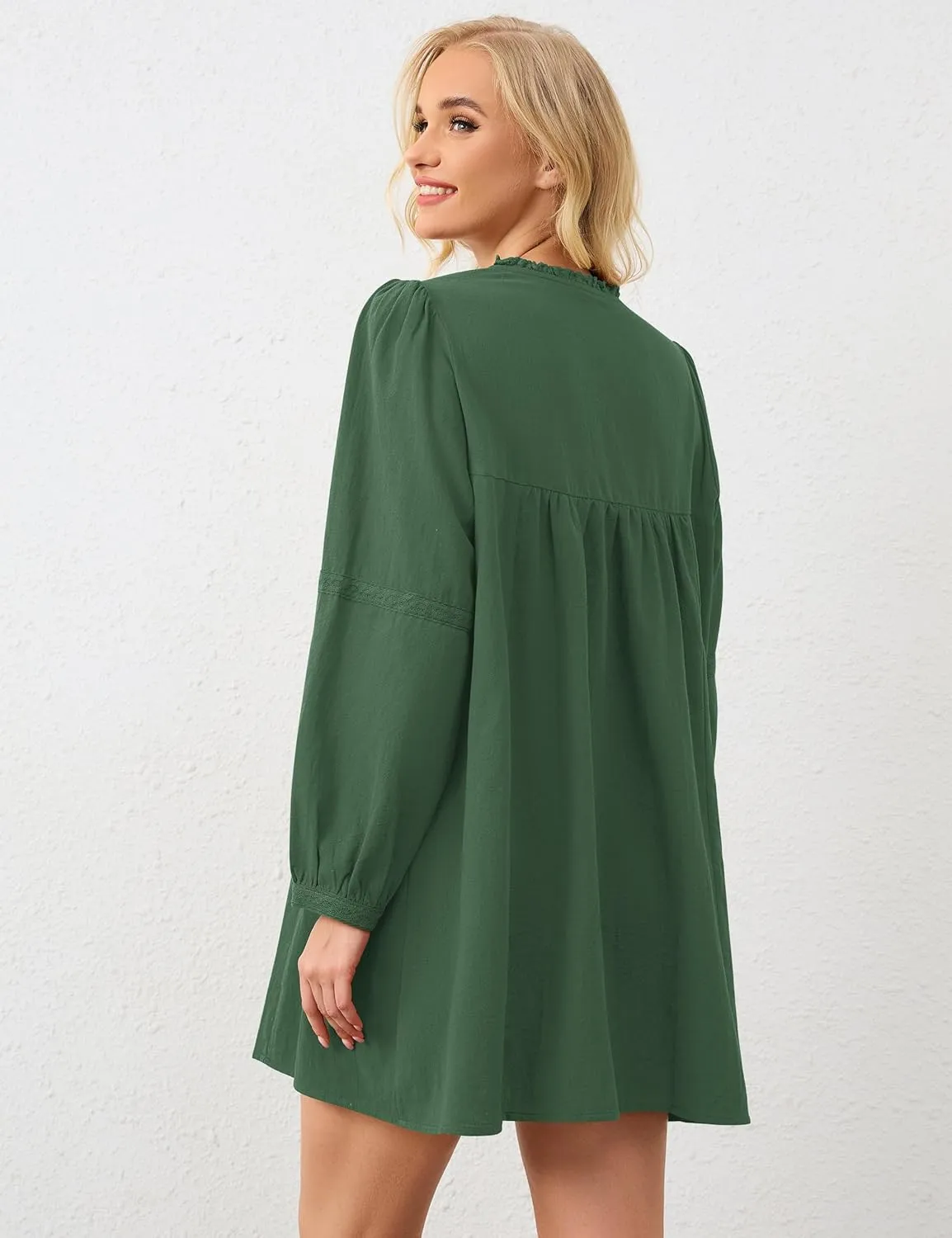 Women Flowy Long Puff Sleeve Mini Dress Casual Square Neck Lace Embroidered Babydoll Dress Bow Tie A-line Tunic Dress