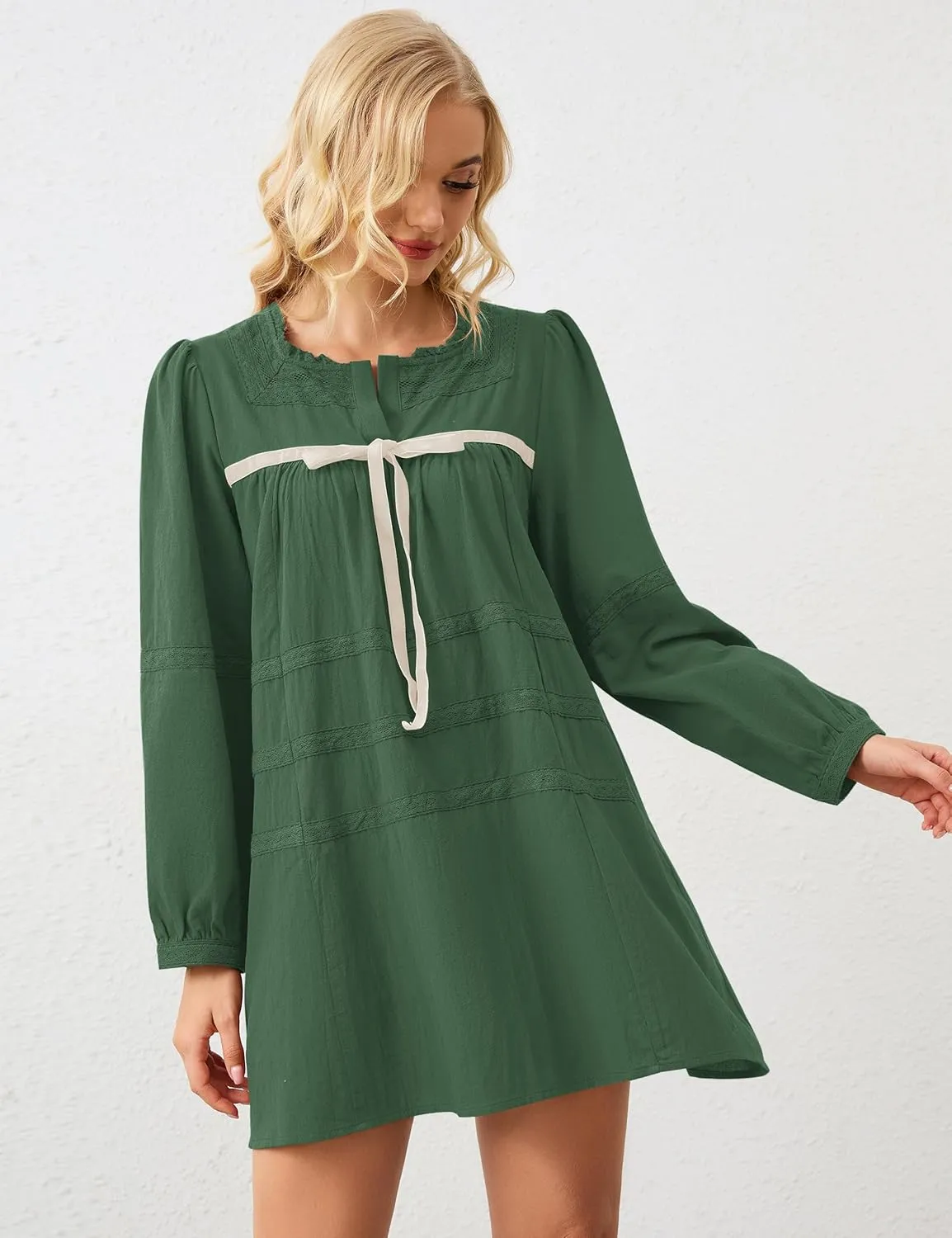 Women Flowy Long Puff Sleeve Mini Dress Casual Square Neck Lace Embroidered Babydoll Dress Bow Tie A-line Tunic Dress