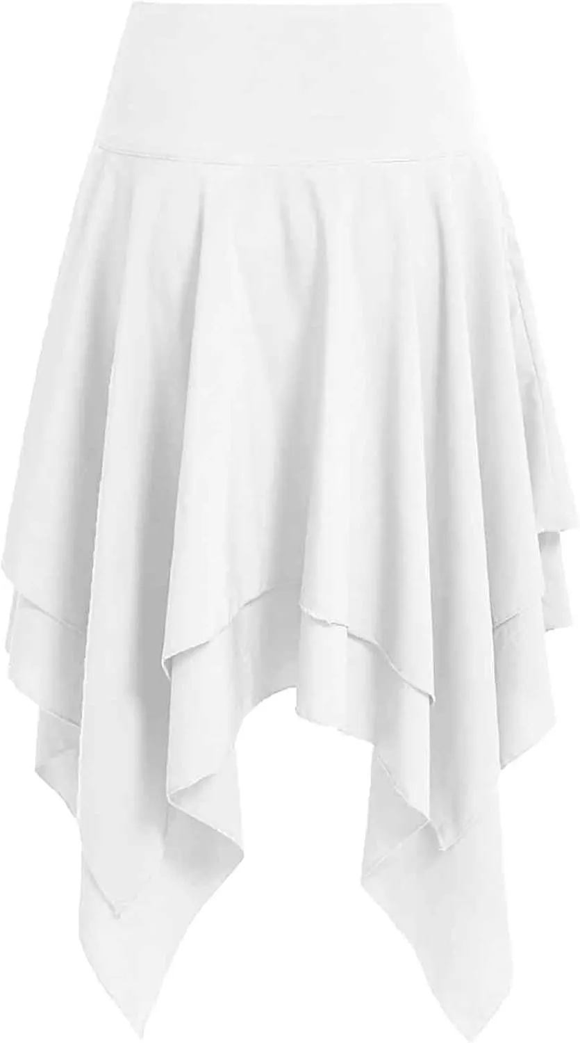 Women Gothic Skirt Steampunk Grunge High Waisted A-Line Pleated Skirts Midi Knee Length Irregular Hem Long Skirts