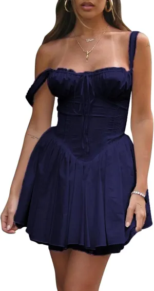 Women Mini Dress Sleeveless Square Neck Backless Tie-up Front A-line Short Dress Vacation Beach Summer Sundress