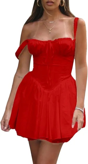 Women Mini Dress Sleeveless Square Neck Backless Tie-up Front A-line Short Dress Vacation Beach Summer Sundress