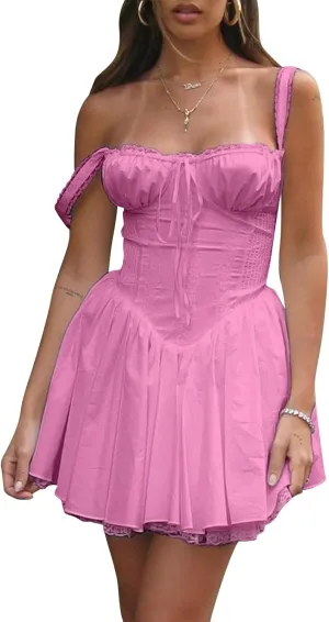 Women Mini Dress Sleeveless Square Neck Backless Tie-up Front A-line Short Dress Vacation Beach Summer Sundress