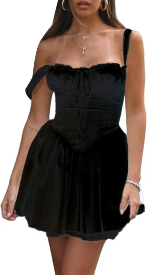 Women Mini Dress Sleeveless Square Neck Backless Tie-up Front A-line Short Dress Vacation Beach Summer Sundress