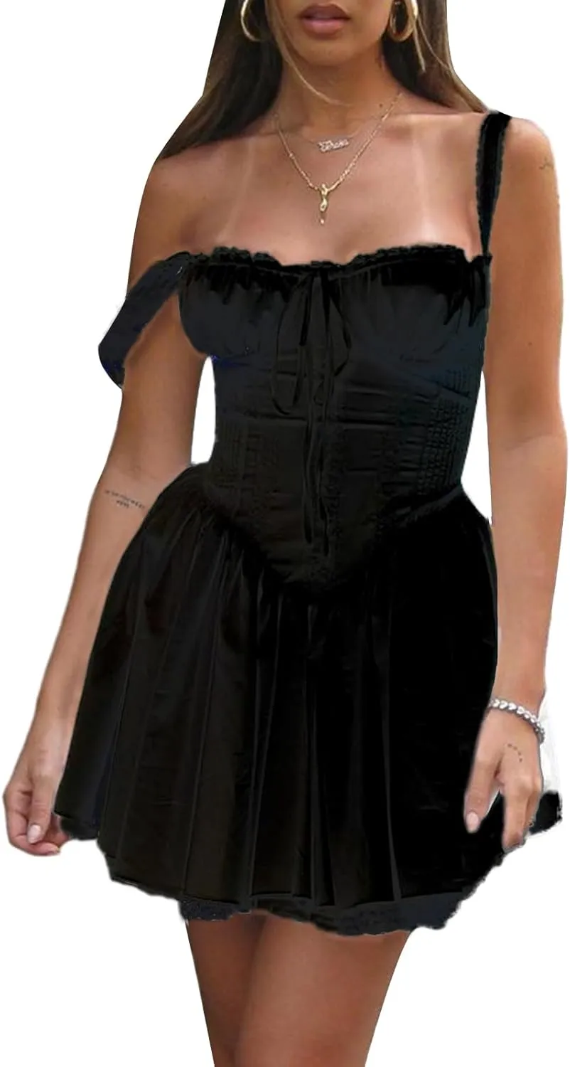 Women Mini Dress Sleeveless Square Neck Backless Tie-up Front A-line Short Dress Vacation Beach Summer Sundress