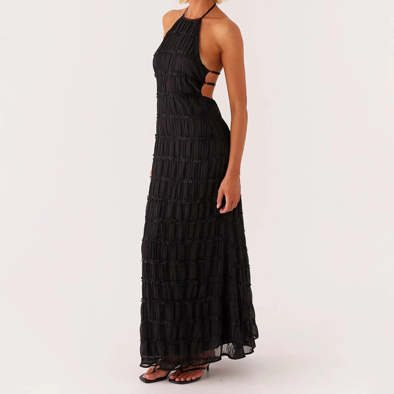Women Sexy Sleeveless Halter Neck Ruffle Maxi Dress Backless Bodycon Long Dress Summer Vacation Beach Sundress
