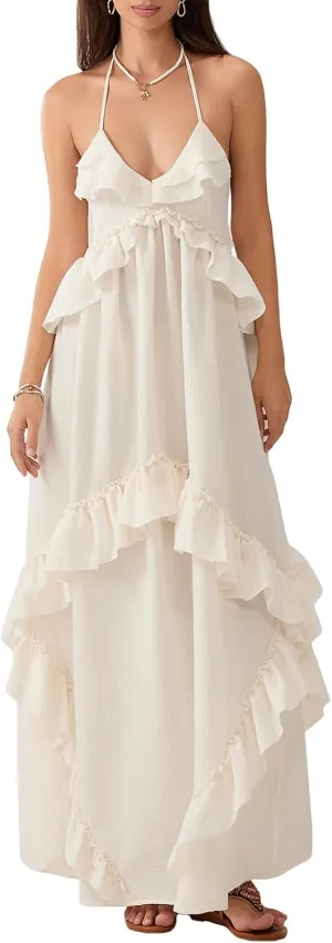 Women Sexy Sleeveless Halter Neck Ruffle Maxi Dress Backless Bodycon Long Dress Summer Vacation Beach Sundress