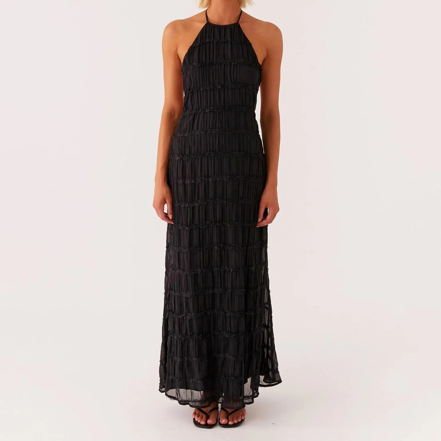 Women Sexy Sleeveless Halter Neck Ruffle Maxi Dress Backless Bodycon Long Dress Summer Vacation Beach Sundress