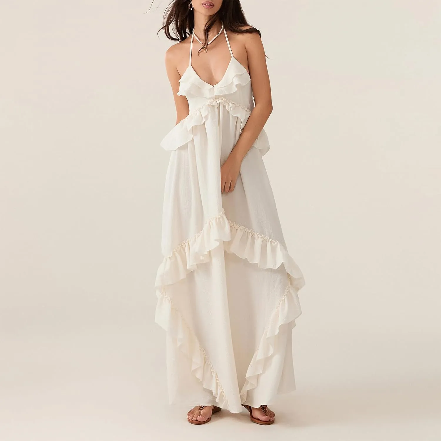 Women Sexy Sleeveless Halter Neck Ruffle Maxi Dress Backless Bodycon Long Dress Summer Vacation Beach Sundress