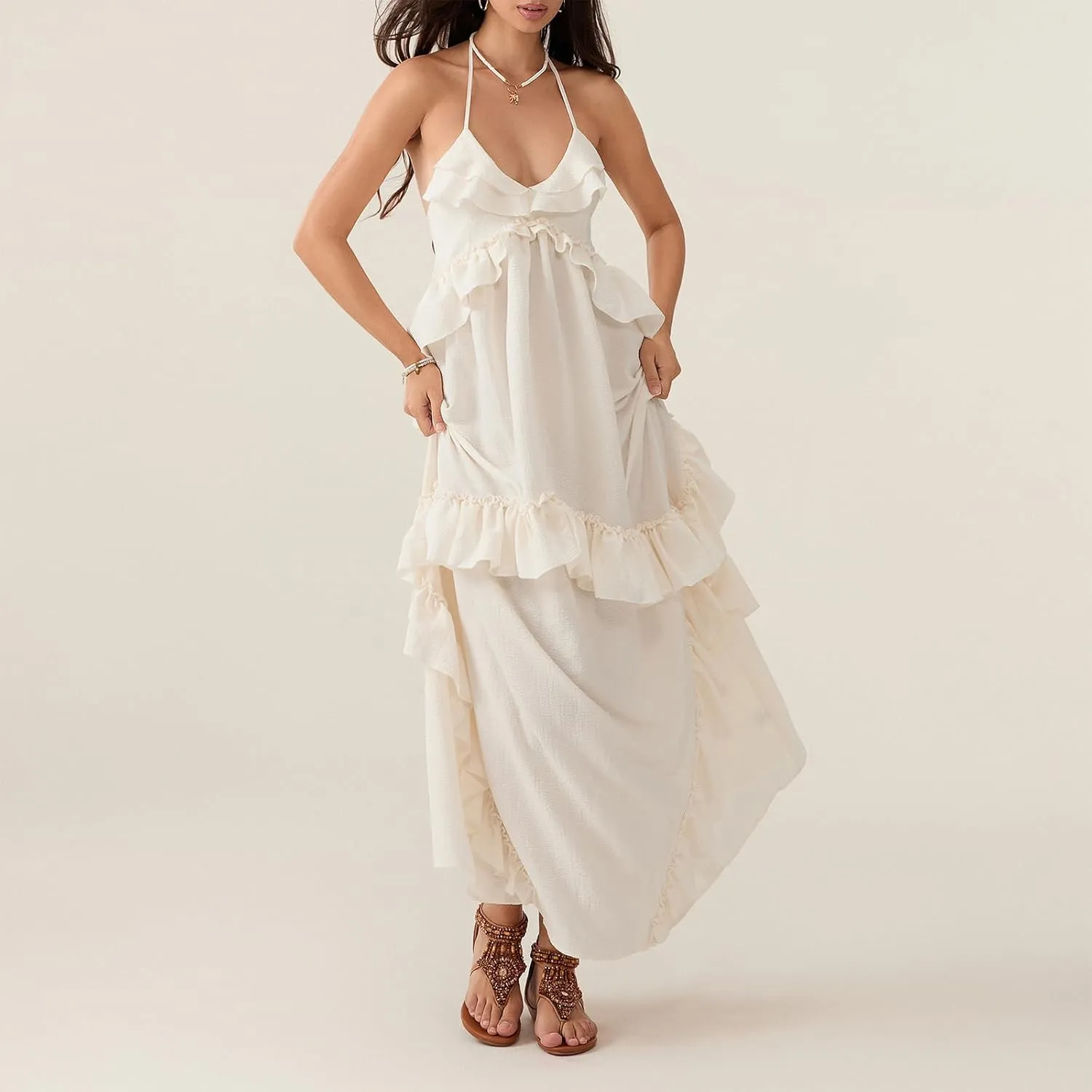 Women Sexy Sleeveless Halter Neck Ruffle Maxi Dress Backless Bodycon Long Dress Summer Vacation Beach Sundress