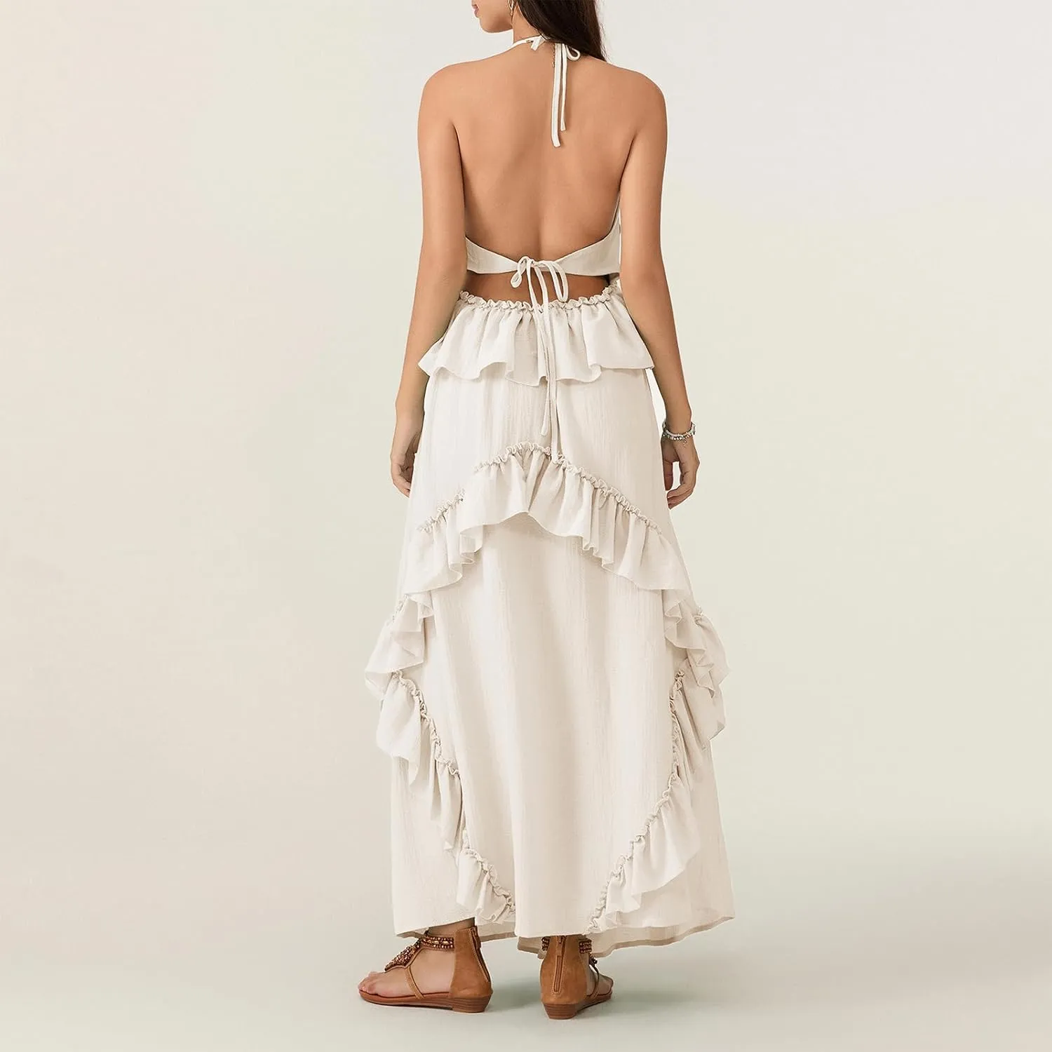 Women Sexy Sleeveless Halter Neck Ruffle Maxi Dress Backless Bodycon Long Dress Summer Vacation Beach Sundress